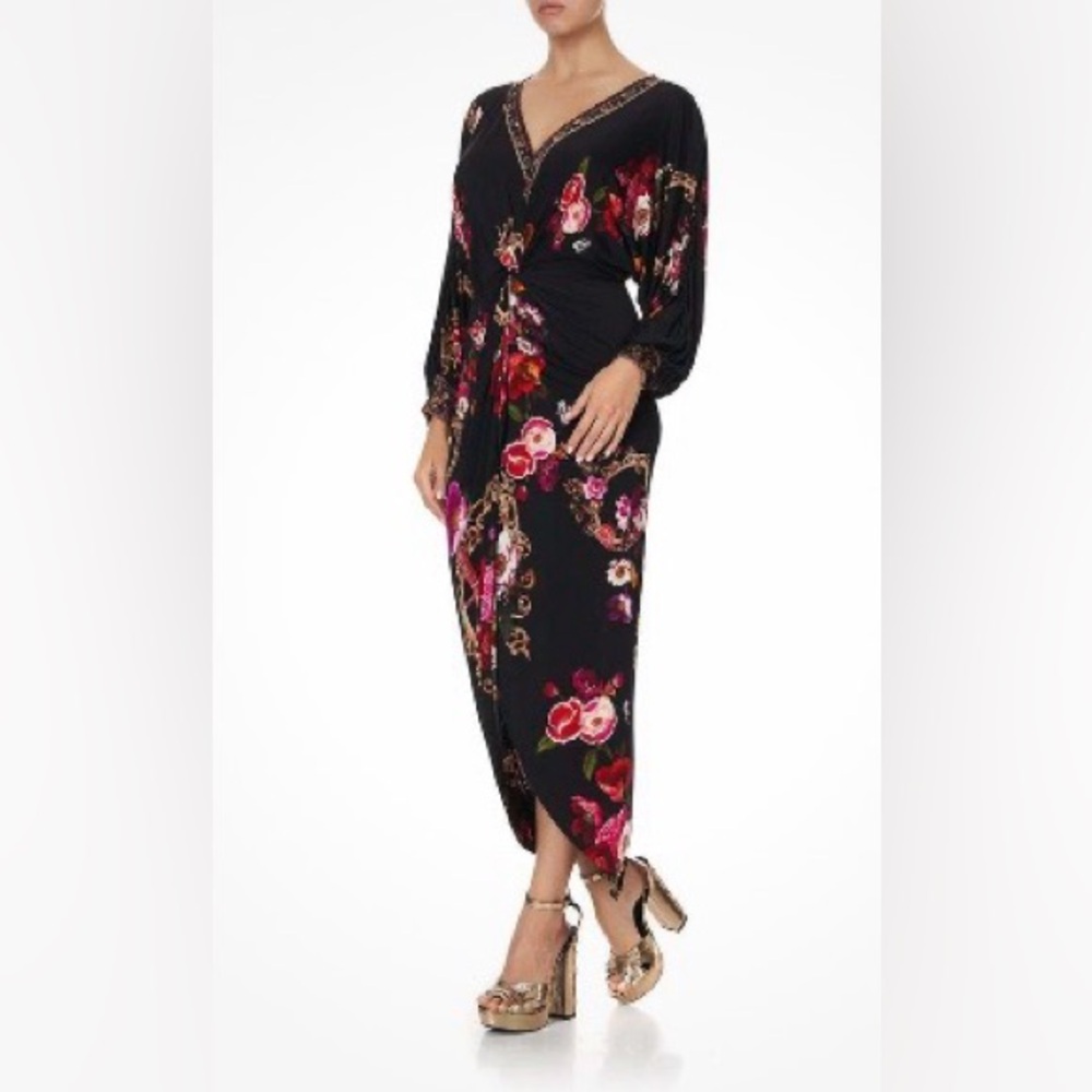 Camilla Black and Pink V-Neck Bishop Sleeve Gown